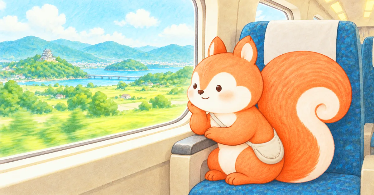 新幹線を降りて岡山駅の出口に立つリスのイラスト