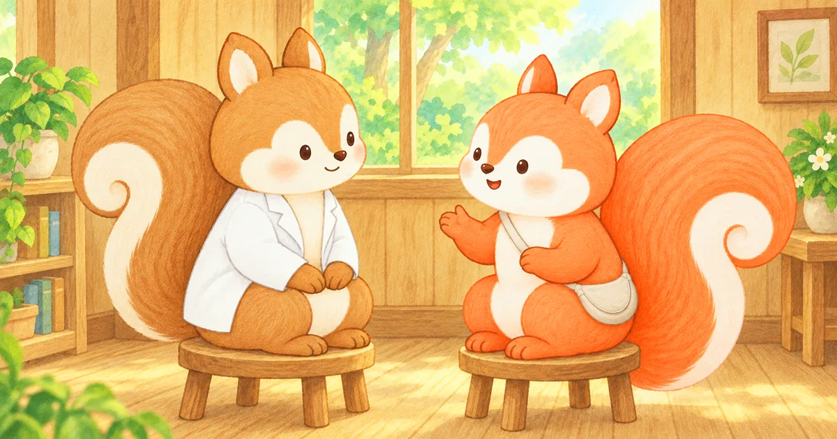 並木道を歩いてクリニックへ向かうリスのイラスト